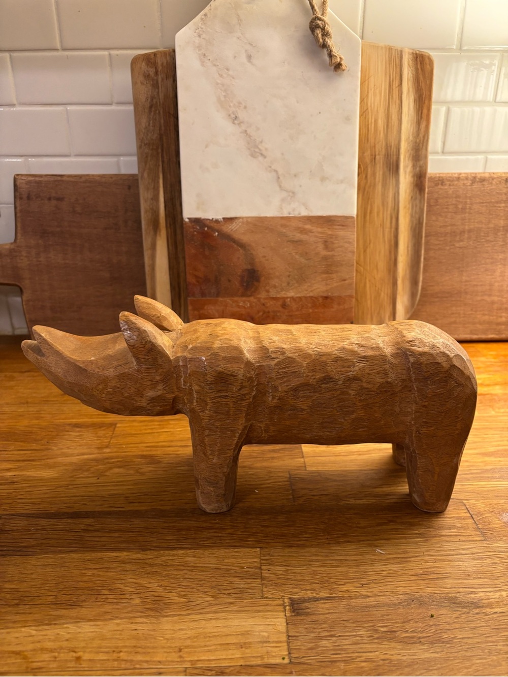 Handcarved Wooden Rhino Sculpture - Natural Brown Home Art